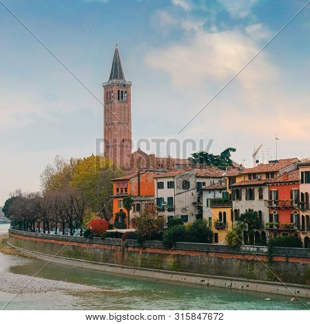 Cityscape Of Verona With River Adige. Historical Center Of European City. Romantic Sightseeng Trip T