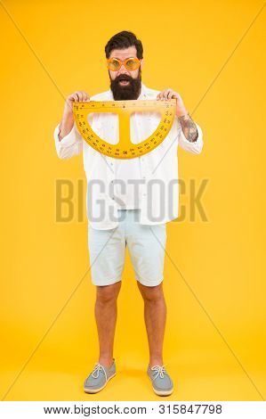 Student Using Measuring Instrument. Barber Hairdresser Salon. Maintain Beard Shape. Bearded Nerd Wit