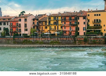 Cityscape Of Verona With River Adige. Historical Center Of European City. Romantic Sightseeng Trip T