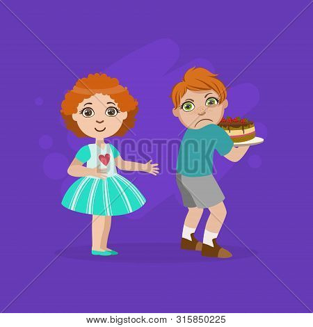 Greedy Boy Not Sharing Cake With Girl, Bad Behavior Vector Illustration