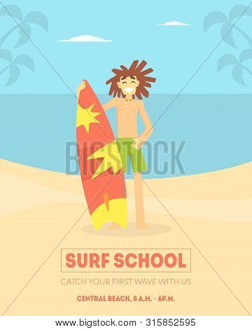 Surf School Banner Template, Smiling Male Surfer Standing With Surfboard On Beach Vector Illustratio