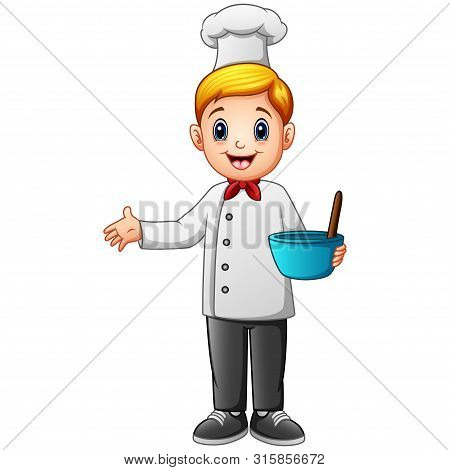 Cute Young Chef In Uniform Holding Mixing Bowl And A Whisk