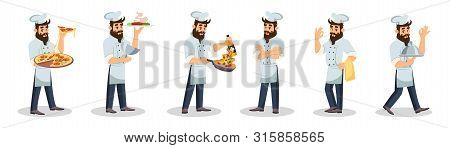 Big Set With Bearded Chef In Cap And Apron Who Cooking Meal, Carrying Dishes To Guests, Offering To 