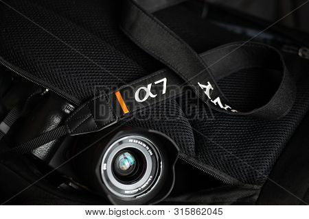 Chelyabinsk Region, Russia - July 2019. Logo On The Sony A7 Strap