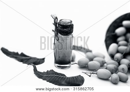 Fresh Green Neem Fruit Of Indian Lilac Fruit In A Clay Bowl Isolated On White Along With Its Concent