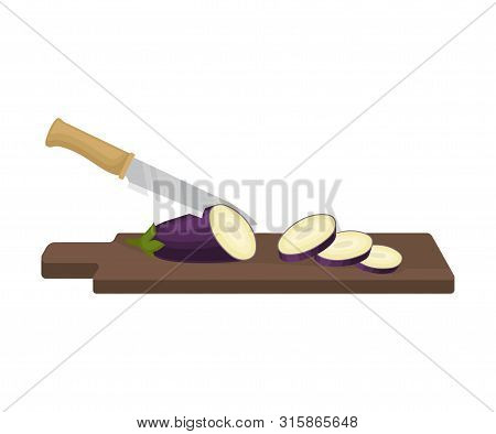 Knife Slices Eggplant. Vector Illustration On A White Background.