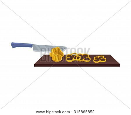 Knife Slices Sweet Pepper. Vector Illustration On A White Background.