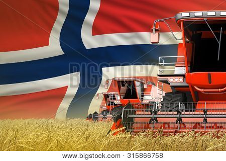 Three Red Modern Combine Harvesters With Norway Flag On Rye Field - Close View, Farming Concept - In