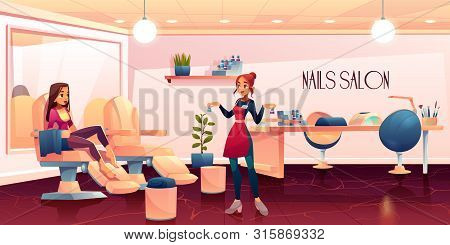 Woman In Pedicure Salon For Nails Care Beauty Procedures, Master Presenting Nailpolish To Client Gir