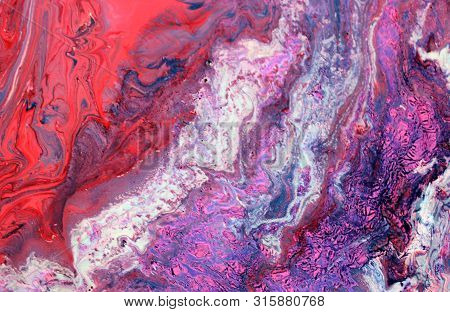Red-white-blue-purple Abstract Marble Background. Bright Color. The Paint Flows Freely And Creates A