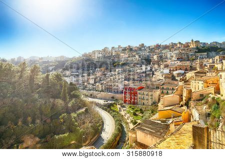 Sunrise  At The Old Baroque Town Of Ragusa Ibla In Sicily. Historic Center Called Ibla Builded In La