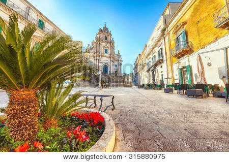 The Baroque Saint George Cathedral Of Modica And Duomo Square. Historic Center Builded In Late Baroq