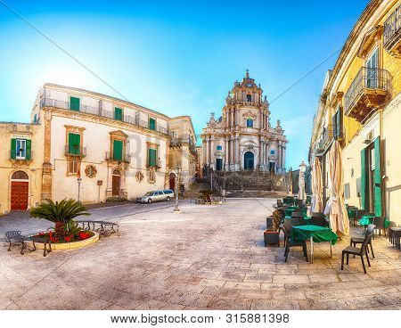 The Baroque Saint George Cathedral Of Modica And Duomo Square. Historic Center Builded In Late Baroq