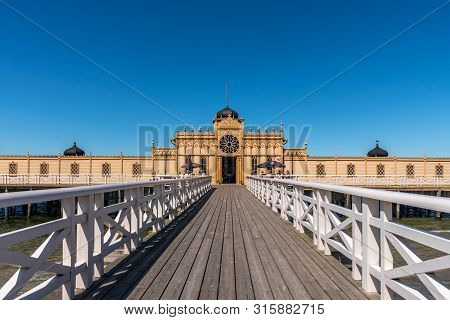 Varberg, Sweden - July 16, 2019: Summer Perspective View Of The Famous Old Historic Wooden Bathhous 