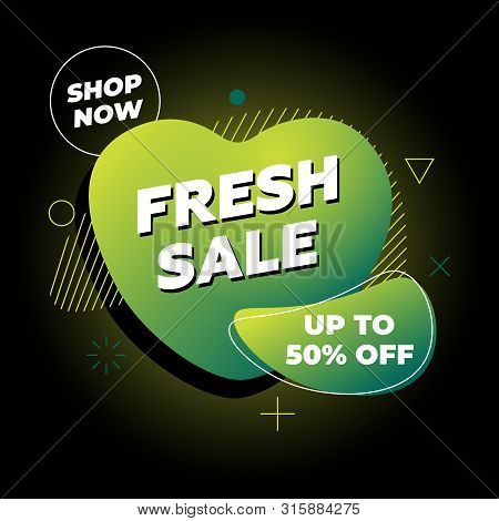 Fresh Sale Banner. Shop Now Template Design On Abstract Liquid Shape. Flat Geometric Gradient Colore