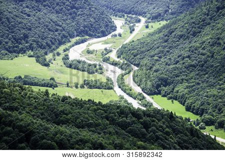 Mountain Landscape, River Valley, Mountains, Green Trees, Valley, River, Glaciers. Valley Of A Zelen