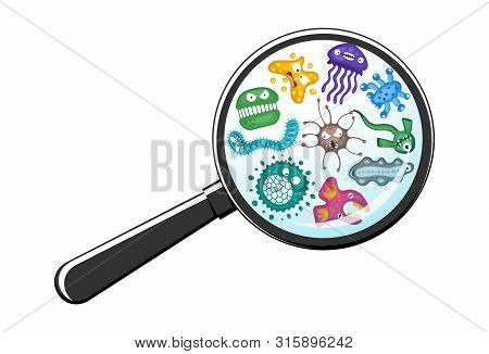 Various Microorganisms Virus Vector Cartoon Bacteria Germ Emoticon Character Set Through Magnifying 