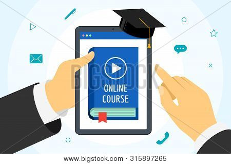 Hand Holding Tablet With Online Course Blue Cover Book. Distance Education Concept With Play Video B