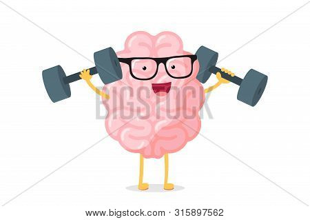 Cartoon Smart Strong Human Brain Character With Glasses Power Tr