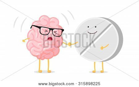 Cute Cartoon Ill Human Brain With Headache And Medicine Pill. Sick Central Nervous System Organ. Fla
