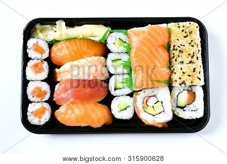 Close Up Top View Mix Sushi With Various Ingrediant As Salmon, Tuna, Avocado,sesame Sushi Is A Delic