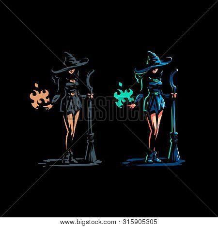Woman Witch With A Magic Broom In One Hand And A Magic Flame In The Other Hand, Conjures.