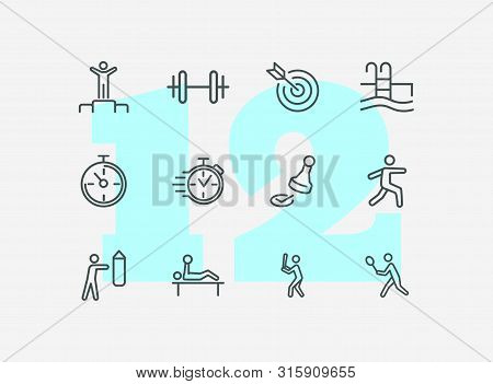 Sport And Activity Icons. Set Of Line Icons On White Background. Stop Watch, Sportsman. Active Lifes