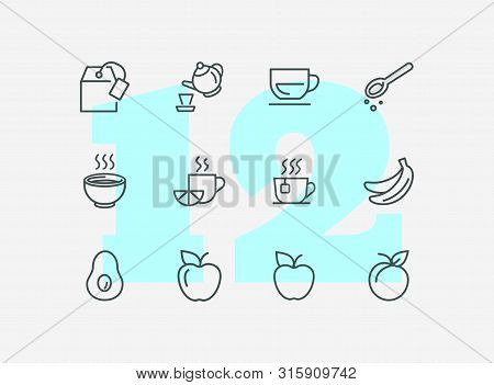 Tea And Fruits Icons. Set Of Line Icons On White Background. Tea, Cup, Lemon, Apple. Food Concept. V