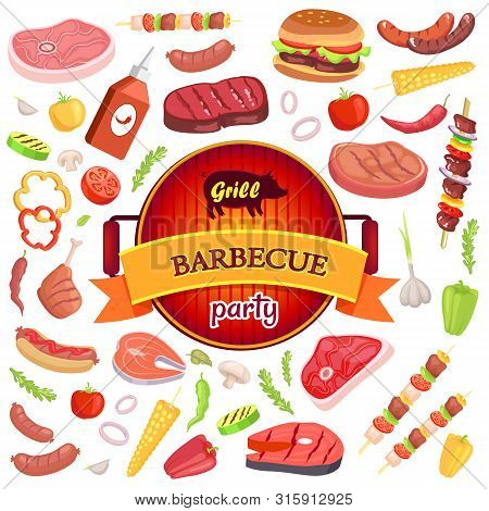Grill Barbecue Party And Isolated Icons Vector. Dripping Pan For Frying Meal. Vegetables And Meat, C