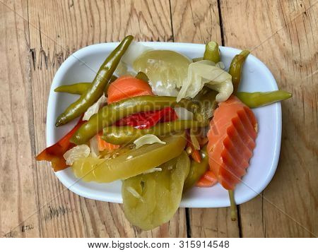 Turkish Pickles Pickled Green Pepper, Carrot And Cucumber In Bowl.