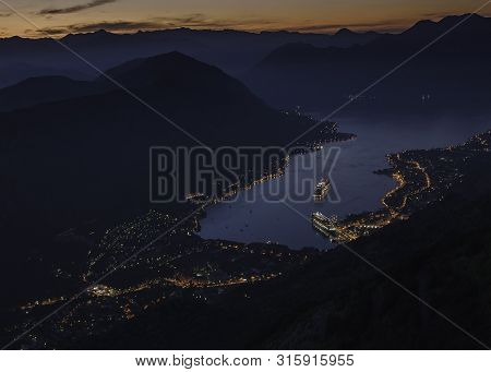 Kotor Bay Seen From Above In A Beautiful Sunset Summer Day. Monenegro, View Above Houses, Streets An