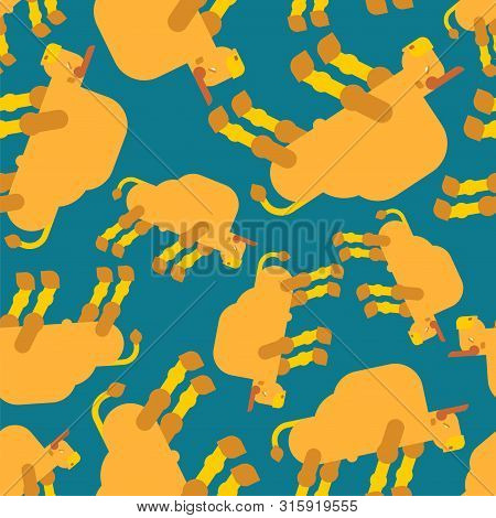 Gold Bull Pattern Seamless. Ox Background. Vector Texture