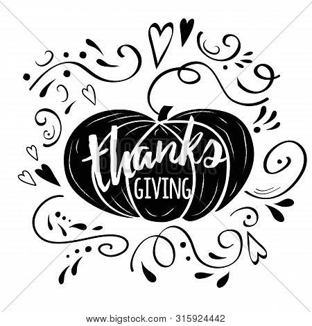 Vector Print Thanksgiving Decorated Pampkin On Chalk Style And Abstract Ornate.