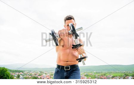 You Can Do It Muscular Man Exercising In Morning With Barbell. Fitness And Sport Equipment. Man Spor
