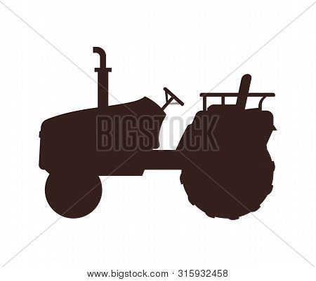 Shadow Silhouette Of Small Compact, Mini Tractor, Black And White Shape, Book Page Sample. Agricultu