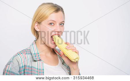 Farming, Farmer Girl With Maize. Corn Crop. Vitamin And Dieting Food. Agriculture And Cultivation. H
