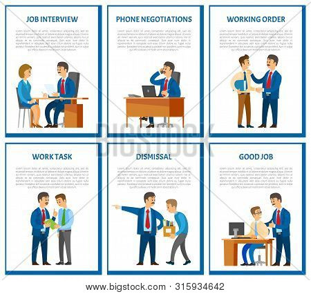 Interview And Phone Negotiations, Business Call Of Director Of Company Vector. Working Task And Orde