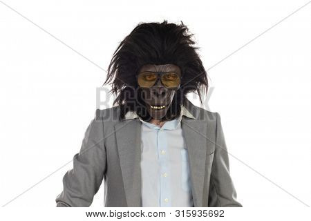 Businessman with gorilla head gesturing isolated on a white background