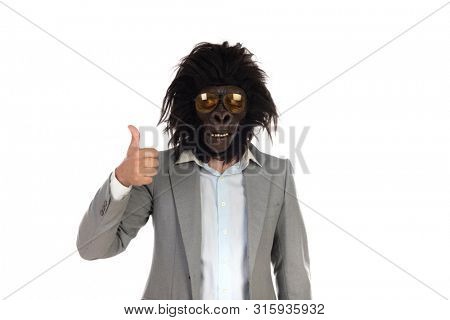 Businessman with gorilla head gesturing isolated on a white background