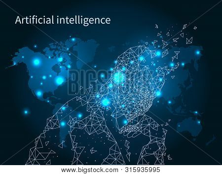 Artificial Intelligence Map Network Poster With Text And Person Outline Vector. Smart Clever Intelle