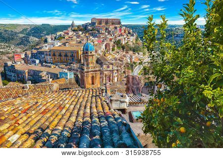 Sunrise  At The Old Baroque Town Of Ragusa Ibla In Sicily. Historic Center Called Ibla Builded In La
