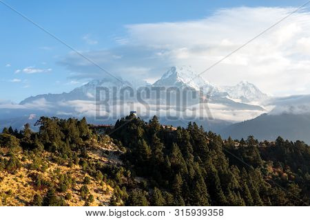 View Of Annapurna Mountain Range From Poon Hill (3210 M) On Sunrise. It's The Famous View Point In G