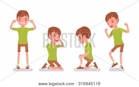 Boy Child 7 To 9 Years Old, Negative Male School Age Kid. Unhappy Angry Schoolboy Crying, Feeling Hu