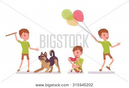 Boy Child 7 To 9 Years Old, Male School Age Kid Activity. Schoolboy Stick Throwing For Dog, Enjoy Ea