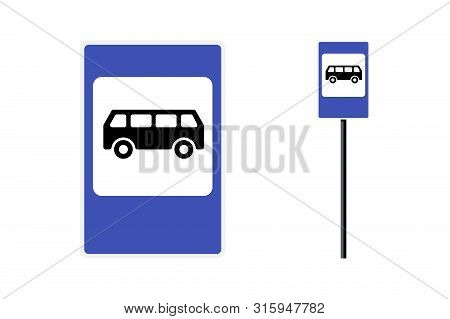 Bus Stop Post Station Flat Design Blue Sign Set. Isolated Vector Symbol Illustration On White Backgr