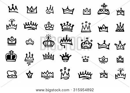 Crown Logo Graffiti Icon. Blackhand-drawn Crowns. Elements For Princesses Isolated On White Backgrou