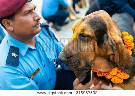 KATHMANDU, NEPAL - NOVEMBER 6, 2018: Nepal police celebrates Kukur Tihar (dog festival) at Central Police Dog Training School.