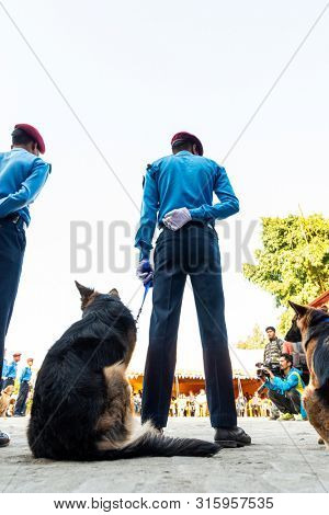 KATHMANDU, NEPAL - NOVEMBER 6, 2018: Nepal police celebrates Kukur Tihar (dog festival) at Central Police Dog Training School.