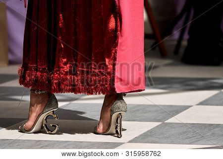 Moscow, Russia - July 06, 2019: Woman With Dolce And Gabbana Shoes Keria Embellished Leather Sandals