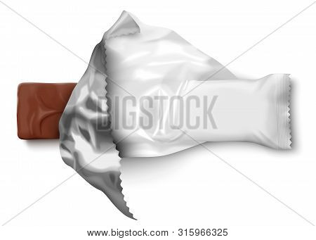 Vector Realistic 3d White Opened Foil Pack With Black Chocolate Candy Bar.  Mock-up For Product Pack